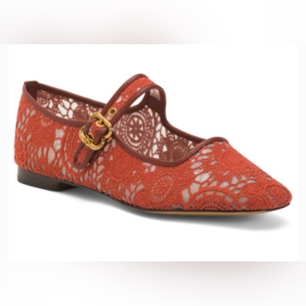Sam Edelman Michaela Deep Scarlet Mesh lace Fabric Mary Jane Flats size 10 new - Picture 9 of 11
